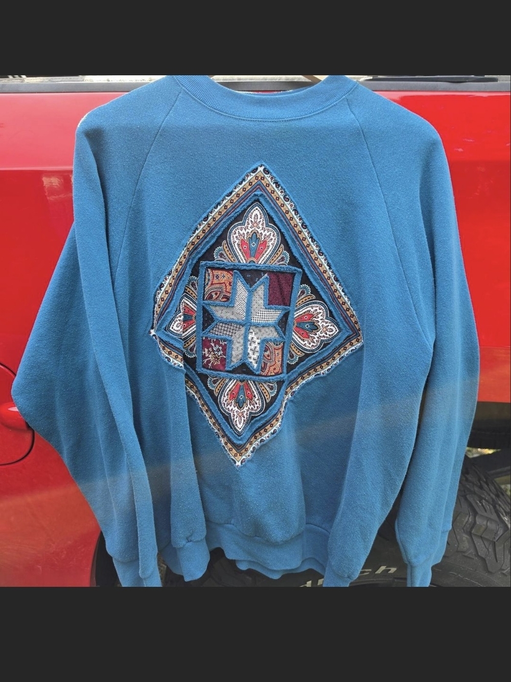 Vintage 90s Fruit of the Loom Teal Patchwork Appliqué Sweatshirt XL